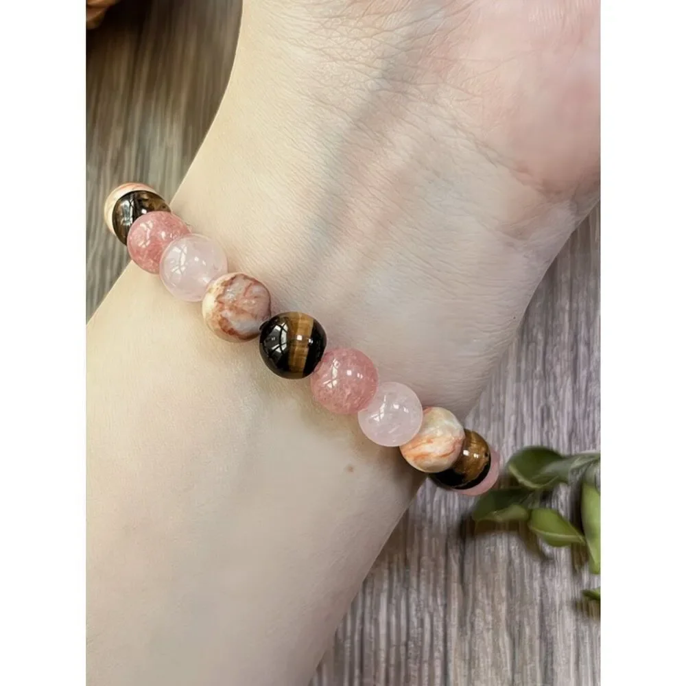 Soothing Body & Mind Handcrafted Bracelet Tiger Stone Rose Quartz Pink Jasper